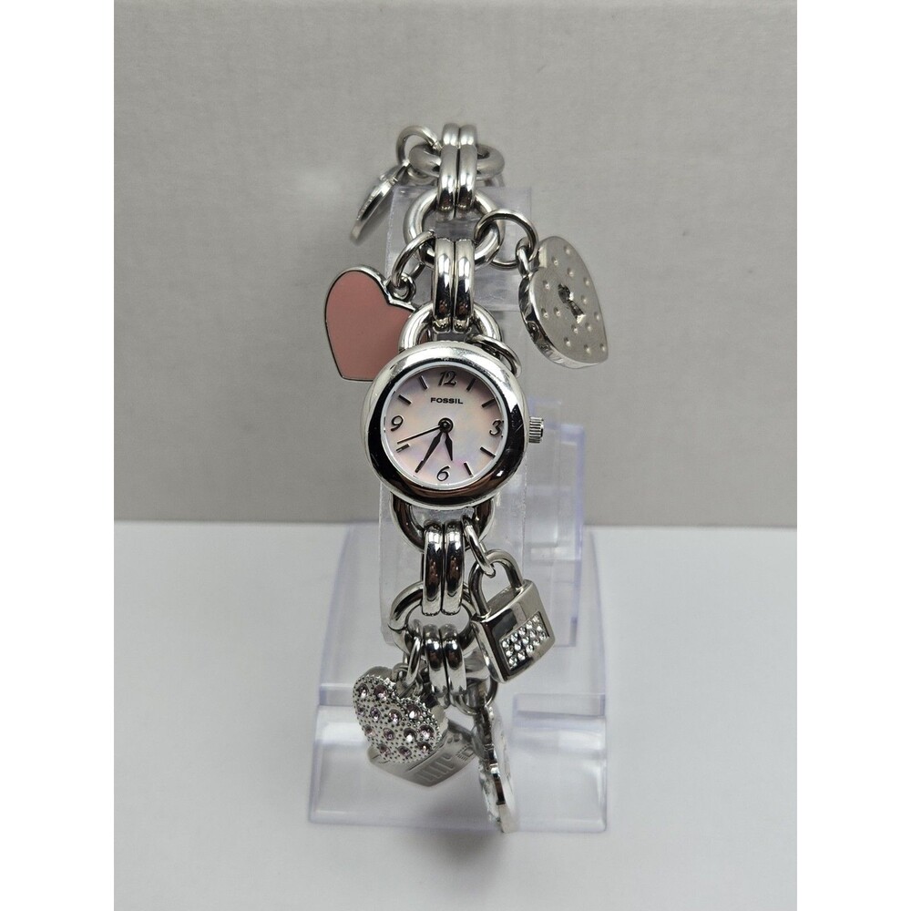 Fossil F2 Womens Mother Of Pearl Silver Heart Charm Bracelet Watch New Battery
